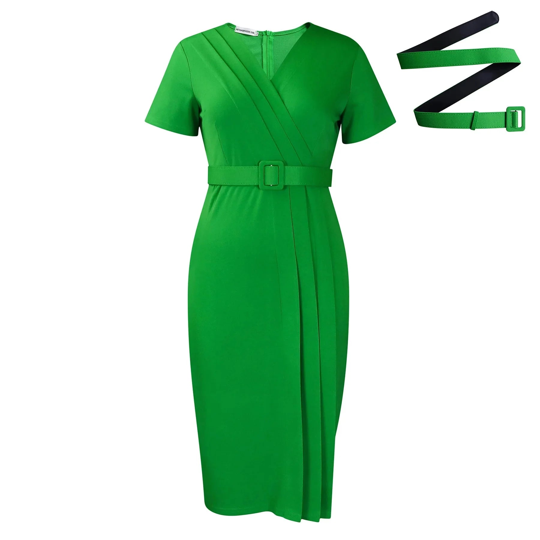 SHOWLU Women's V-Neck Short Sleeve Summer Dress in solid color, pencil style, lightweight and casual for warm-weather wear.