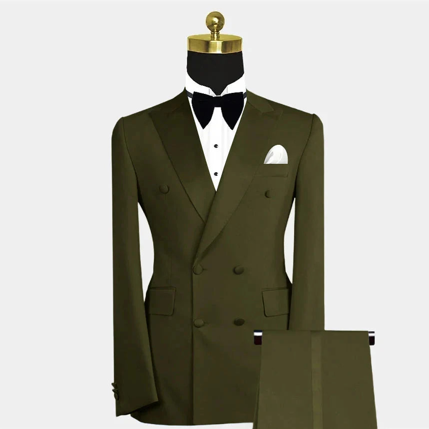 SHOWLU men's blue double-breasted slim fit 2-piece suit for wedding and prom, shown on a mannequin.