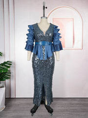 Plus Size African Party Dresses for Women Dashiki Sequin Sexy Bodycon Slit Long Dress Elegant Turkey Muslim Wedding Evening Gown