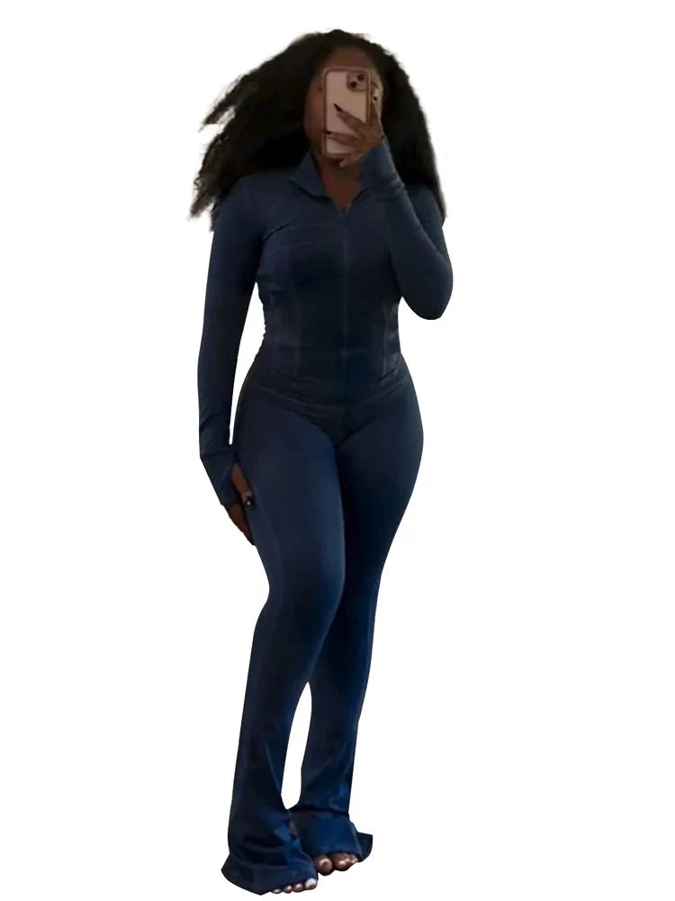 Women's two-piece tracksuit with flared pants and zip-up top from JENYAGE, shown in stylish black, perfect for casual wear.