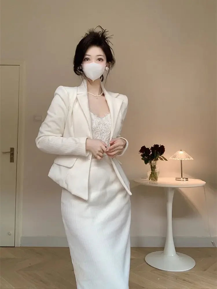 UNXX Autumn/winter Fragrance Style Short Waist Suit Jacket Hip Overskirt  Retro Single-breasted Coat Skirt Two-piece Set Woman's