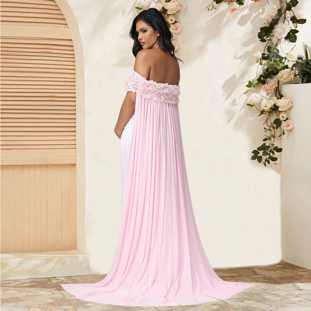 Floral off-shoulder maternity gown by SHOWLU FASHION STORE with mesh cloak, maxi dress for photoshoots and special occasions.