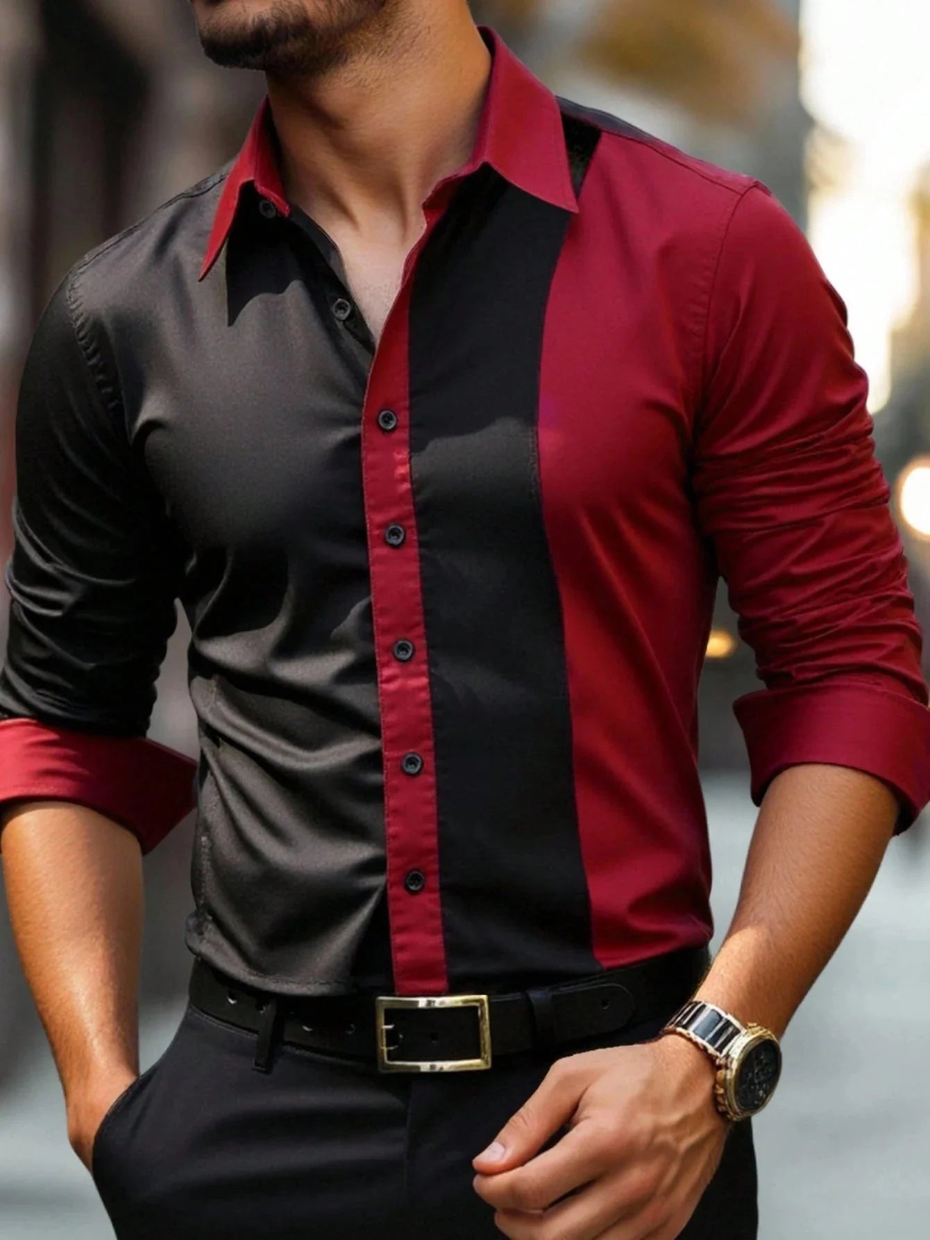 Men's patchwork striped printed shirt by Showlu Fashion Store, classic long-sleeve business casual shirt with lapel collar.