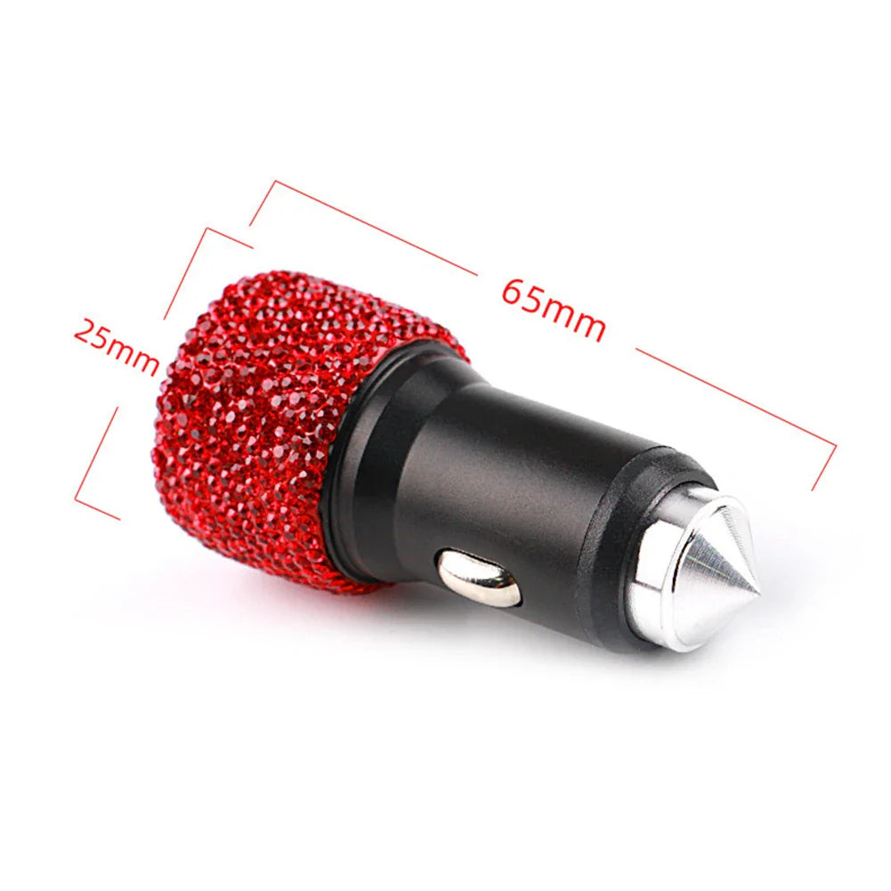 Diamond car charger by SHOWLU FASHION STORE with dual USB ports, fast charging, and safety hammer feature for automotive use.