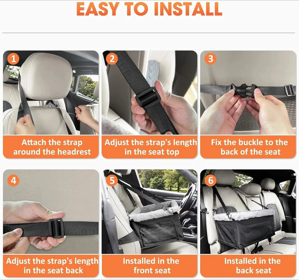 Showlu height increasing dog car seat with portable nylon booster bed, featuring padded sides and adjustable straps for secure travel.