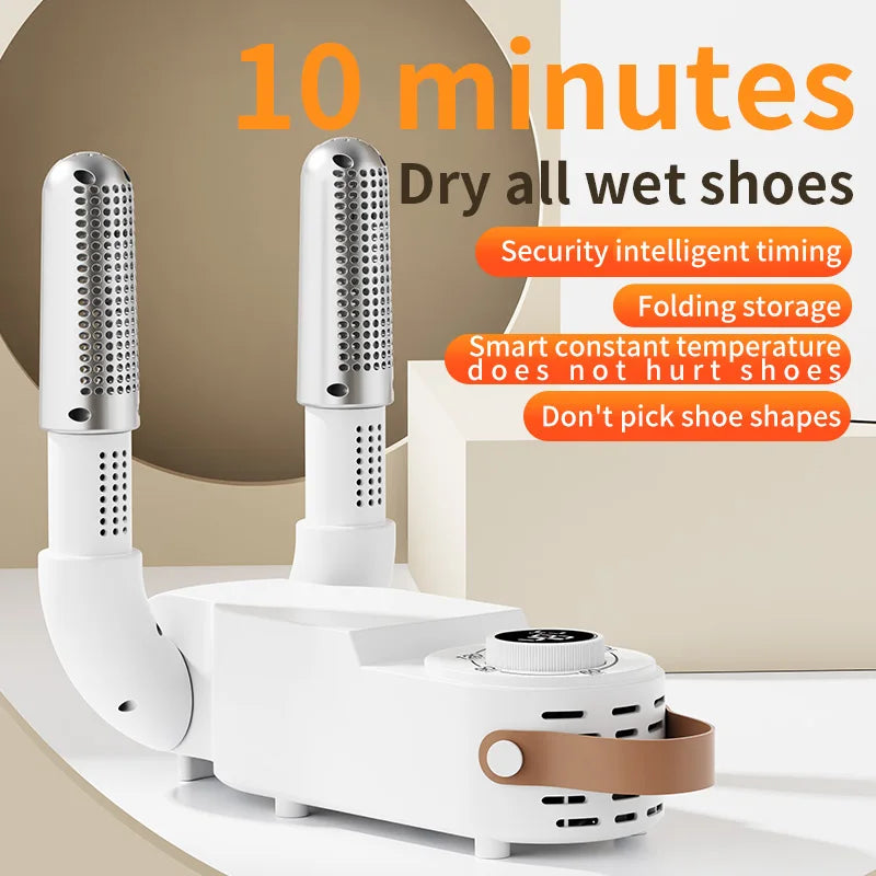 Showlu Smart Electric Shoe Dryer with 150W power, portable design, deodorizer feature, and timer for drying and freshening shoes.