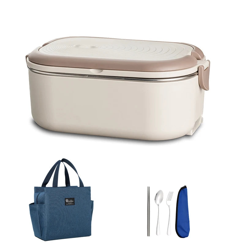 Portable electric lunch box with stainless steel compartments, EU US plug, 1L capacity, includes bag and tableware for office meals.