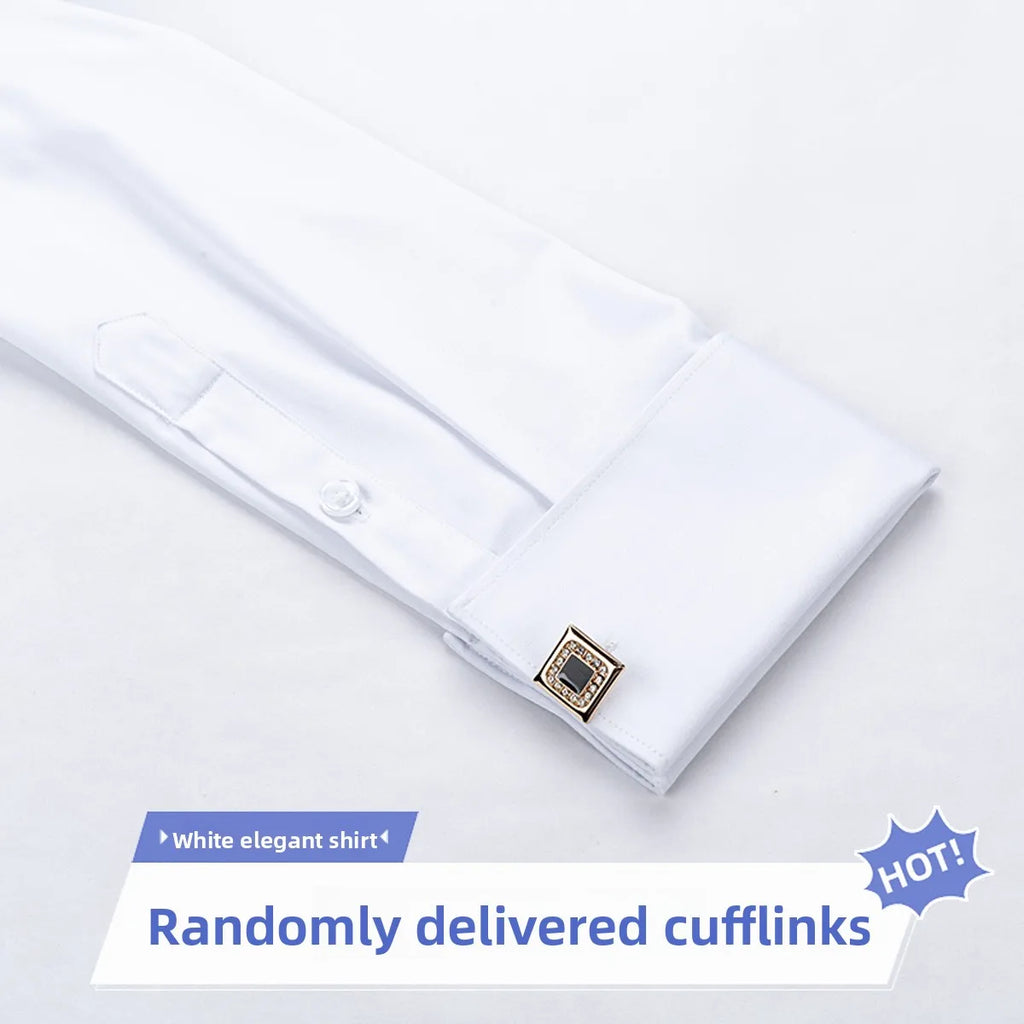 White slim fit men's shirt with empire collar and cufflinks, featuring a sharp point design, ideal for casual or business wear.