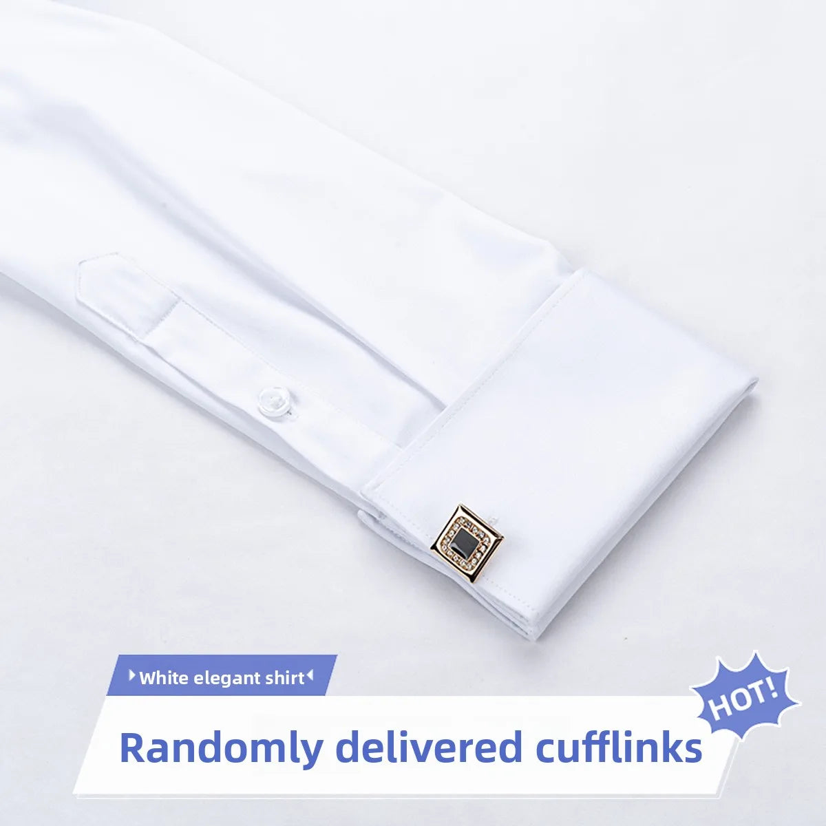 White slim fit men's shirt with empire collar and cufflinks, featuring a sharp point design, ideal for casual or business wear.
