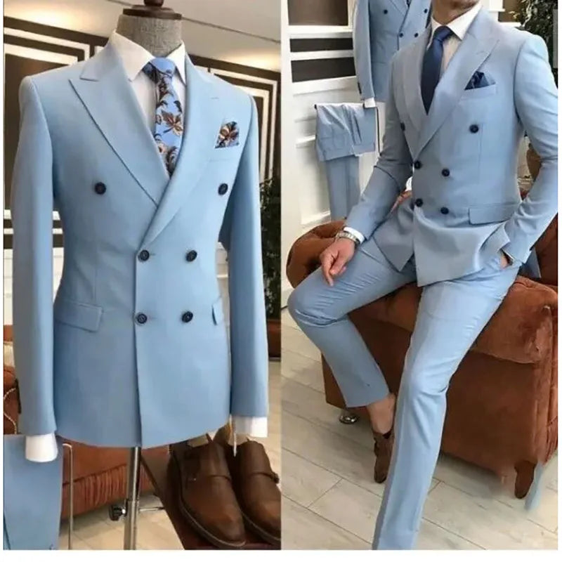 Sky blue double-breasted men's suit by SHOWLU, slim fit 2-piece formal set with tailored jacket and matching trousers.