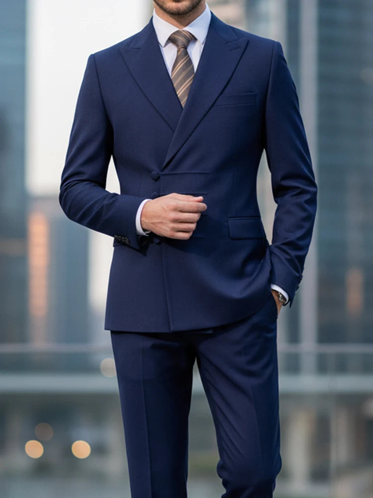 Black men's double-breasted slim fit wedding suit with jacket and trousers, stylish and tailored by Showlu Fashion Store.