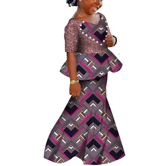 African Kids Dresses African Dashiki Print Cotton Wax Matching Dresses Africa Children Summer Plus Size Clothing WYT529