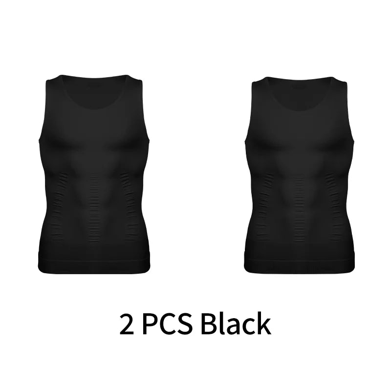 Men's compression vest by Showlu Fashion, sleeveless slimming body shaper shirt with tummy control and abs support for gym workouts.