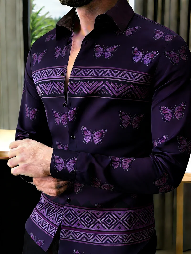 Men's long-sleeved lapel shirt with 3D printed butterfly pattern in 11 colors, stylish fashion shirt by Showlu Fashion Store