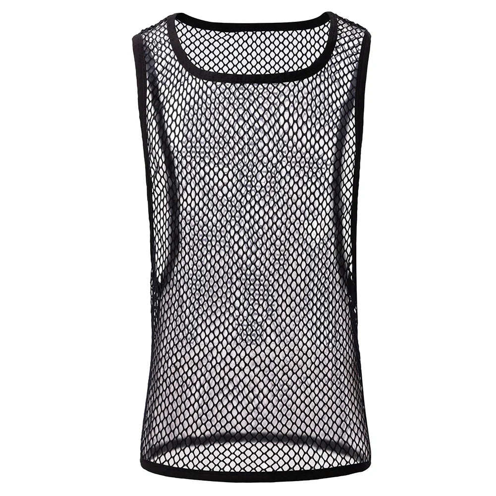 Men's bodybuilding gym tank top by Showlu Fashion, sleeveless mesh fitness undershirt for workout and active wear.