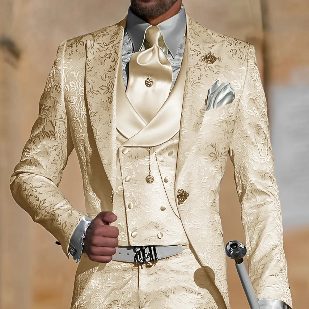 Jacquard men's 3-piece suit including tuxedo jacket, pants, and vest, slim fit formal wedding and groom party attire.