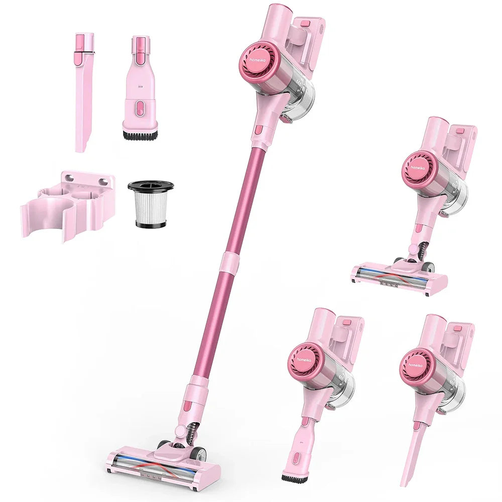 Homeika cordless vacuum cleaner with LED display, 28KPA suction, and 8-in-1 design, shown in a modern home setting