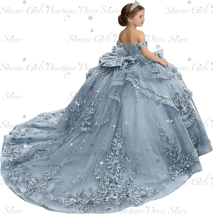 Princess Off Shoulder Flower Girl Dress for Wedding Kids Lace Appliqued Tulle Pageant Dress Customized Birthday Party Ball Gown