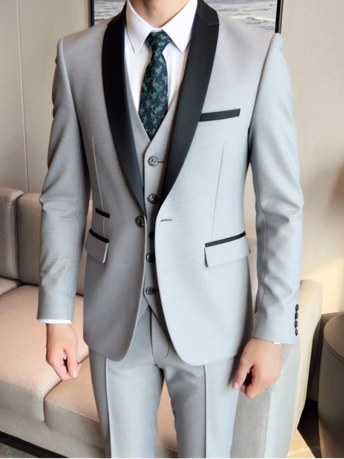 Men's 3-piece suit with jacket, vest, and trousers in black, high-quality formal business attire, suitable for weddings and special occasions.