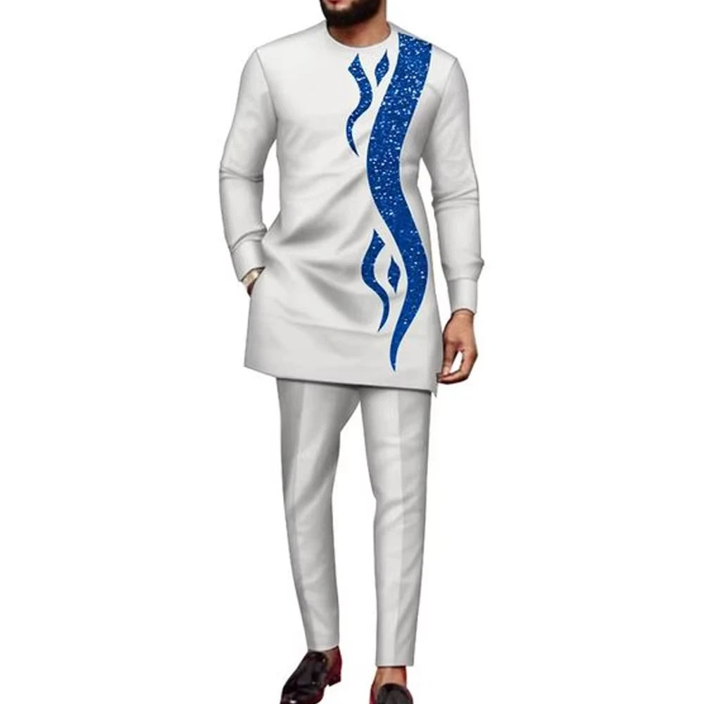 New In African Summer Business Men's Short Sleeve Suit Embroidery Dashiki Shirt Pants Sets 2 Pieces Outfits Wedding Party 2025