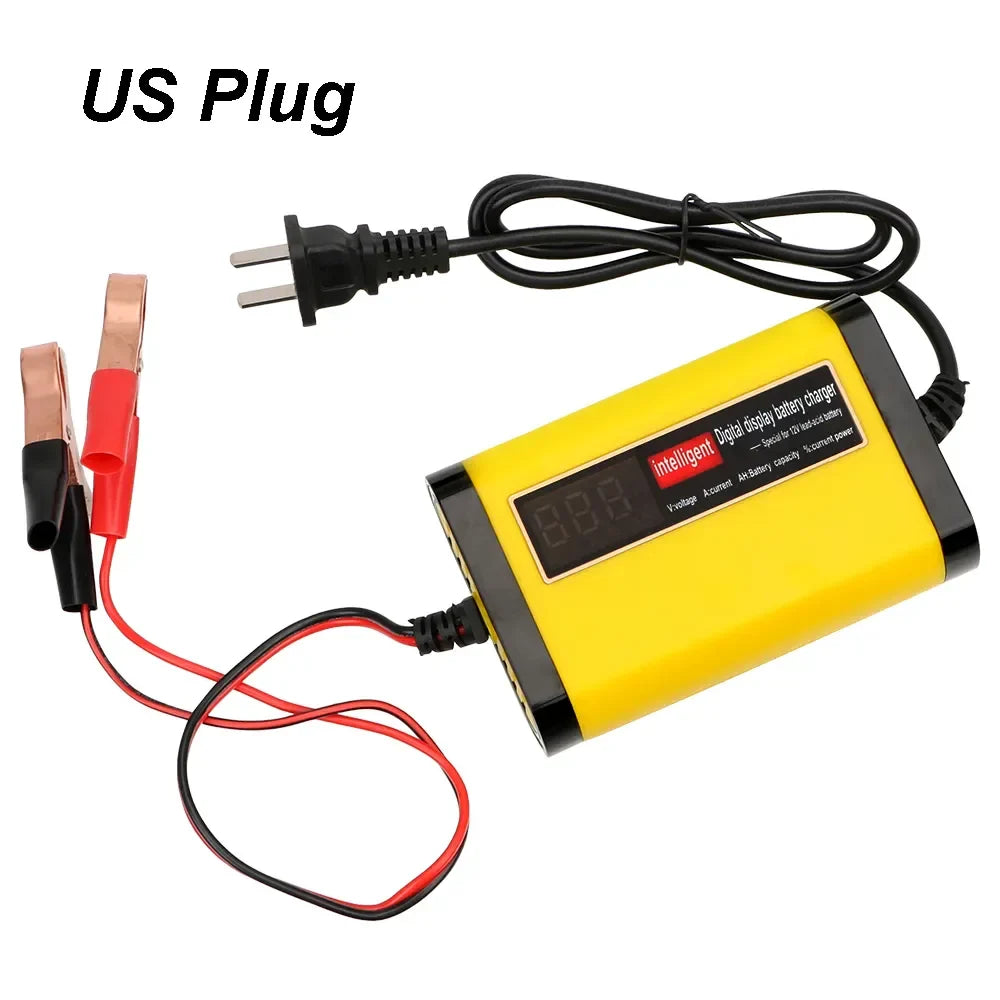 Showlu 3-Stage Automatic Car Battery Charger with digital LCD display showing charging status and connections.