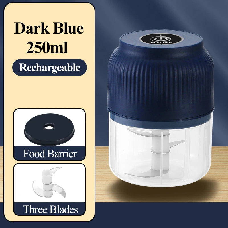 Portable mini electric blender with 3 blades in a 250ml cup, shown with blending ingredients and compact design.