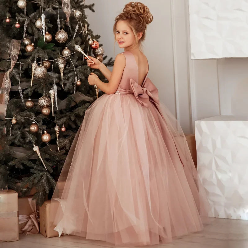 Dusty pink flower girl dress with pearl belt, Showlu Fashion ball gown for weddings, featuring floral details and elegant design.