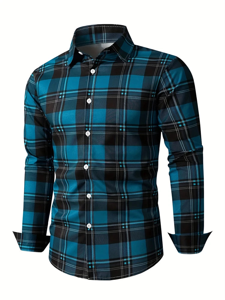 Men's long sleeve shirt with square stripe 3D print, button-down casual animal pattern, autumn fashion, Showlu brand.