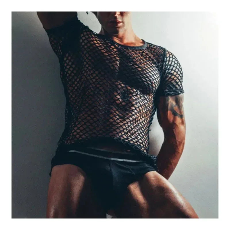 Sexy Fishnet Transparent Men's T-shirt Muscular Men Tight See-through T-shirt Top Summer Beach Men's Wear Crew Neck Pullover Top SHOWLU FASHION STORE