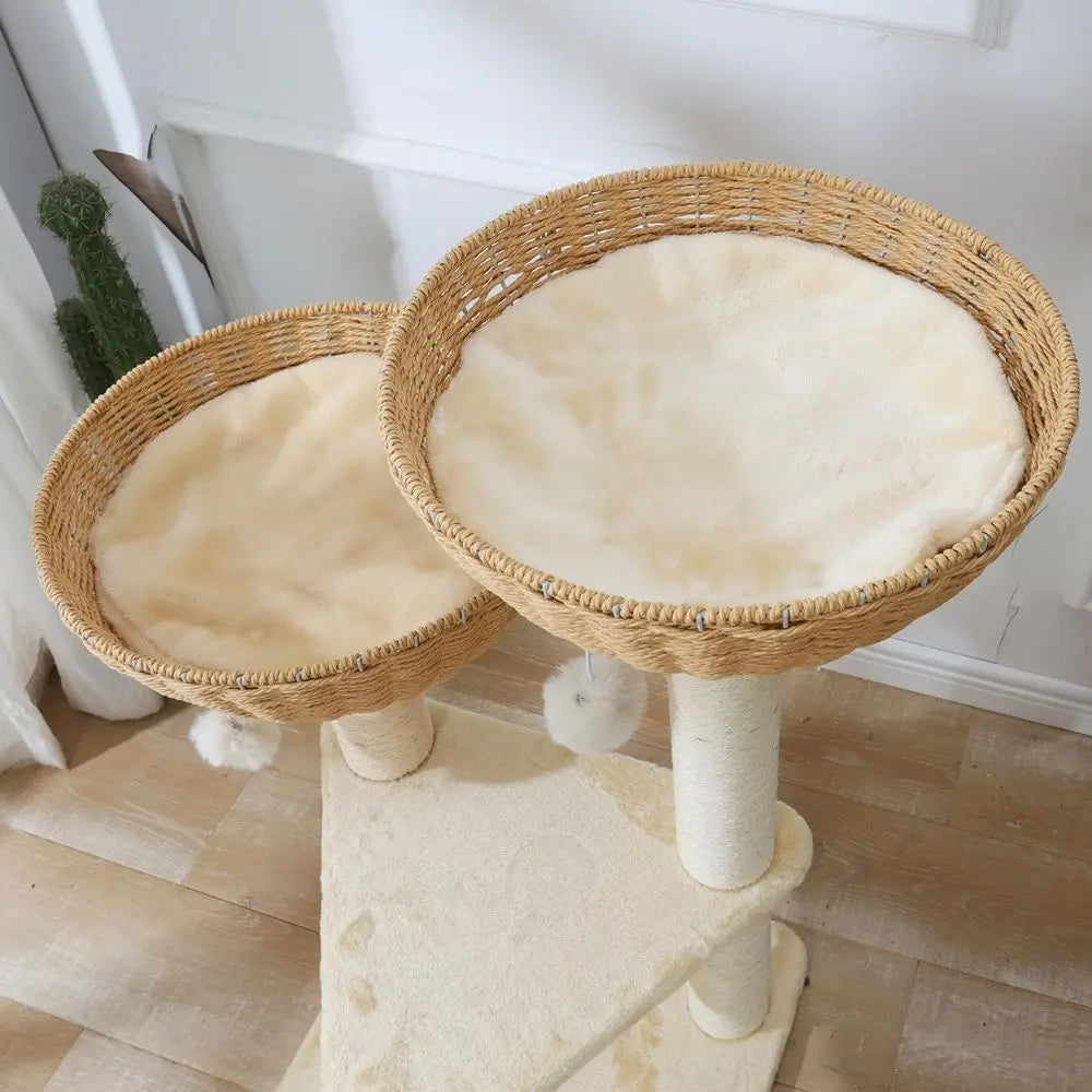 ShengoCase cat tree tower with rattan wicker basket bed for large cats, showcasing a cozy and stylish feline climbing and resting space.