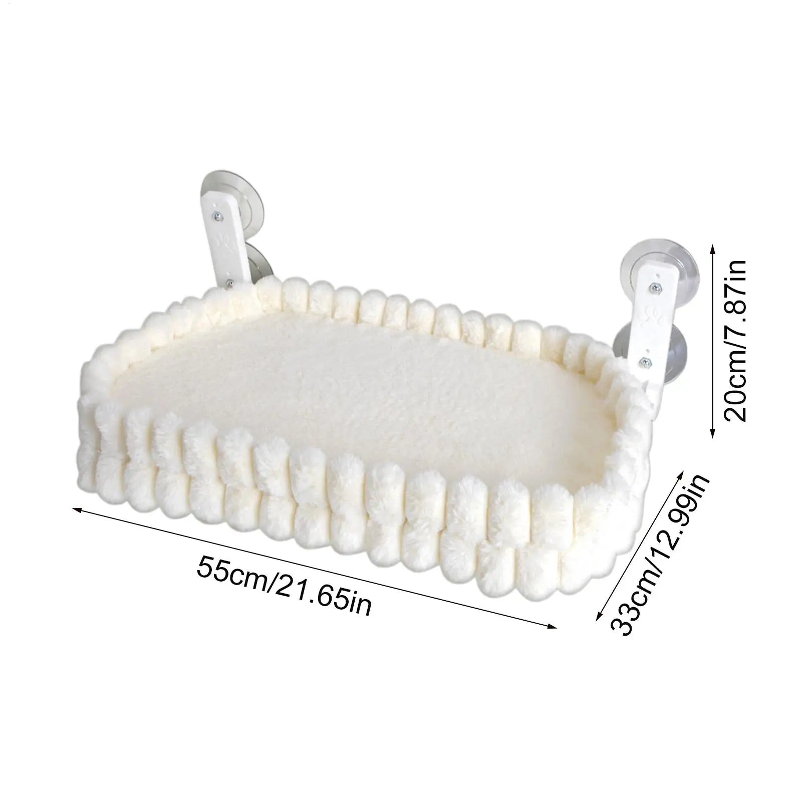 A white plush cat window perch with suction cups, measuring 55 centimeters by 33 centimeters.