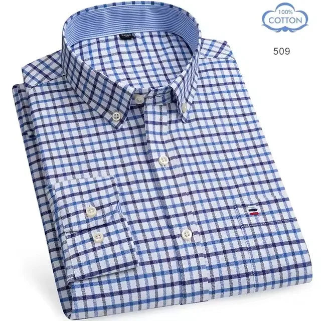 Men's long sleeve plaid Oxford shirt in red, 100% pure cotton, designer checked striped casual and business wear, size 7XL.