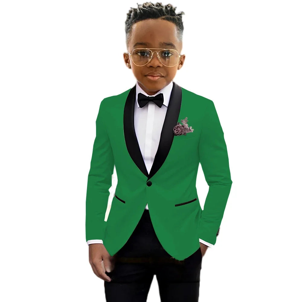 Boy's formal blazer and pant suit set by Showlu Fashion for children, suitable for weddings, birthdays, and stage performances.