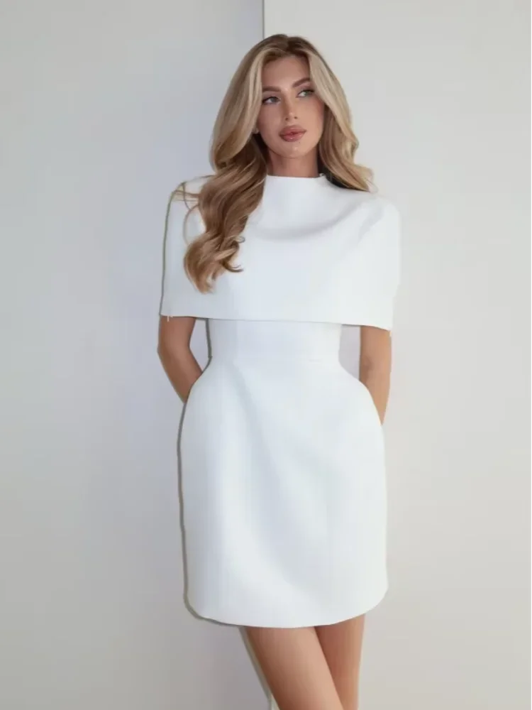 Showlu Fashion Women's solid shawl mini dress with high collar and A-line silhouette, perfect for parties and elegant occasions.