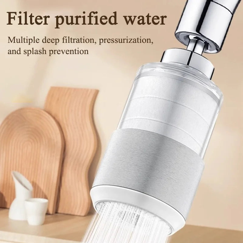 Showlu Universal Rotary Faucet Filter in brass and ABS with 2-gear water purification, mounted on a kitchen faucet.