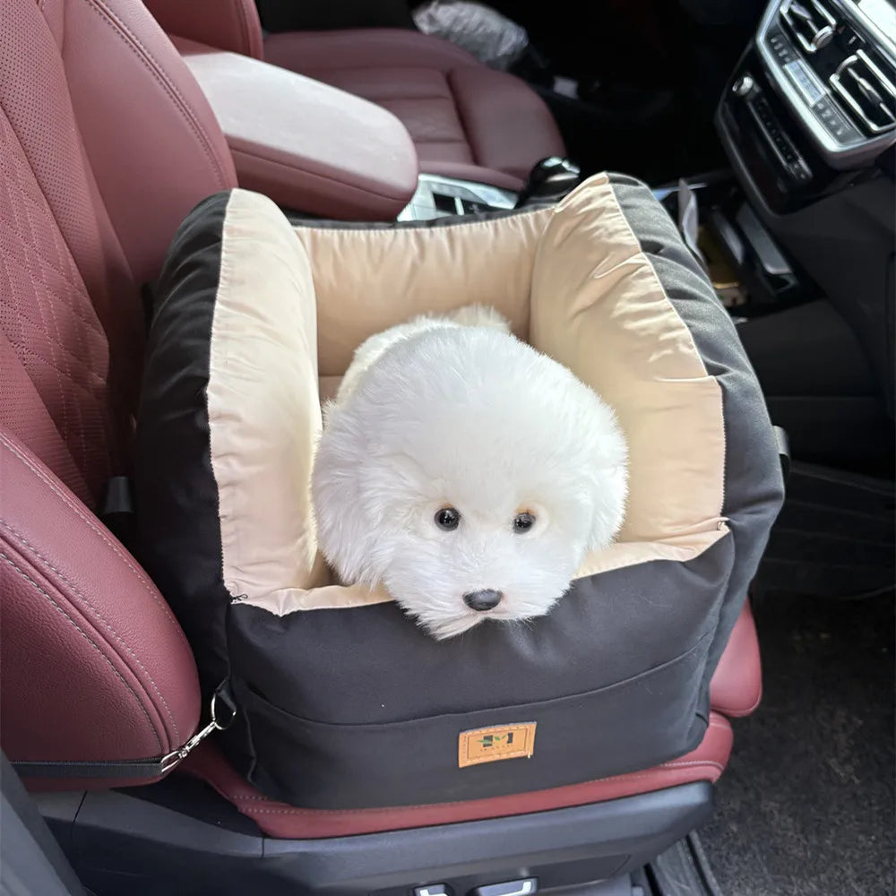 Showlu Dog Car Seat with Safety Belt, washable pet booster travel bed, designed for secure and comfortable travel for small dogs.
