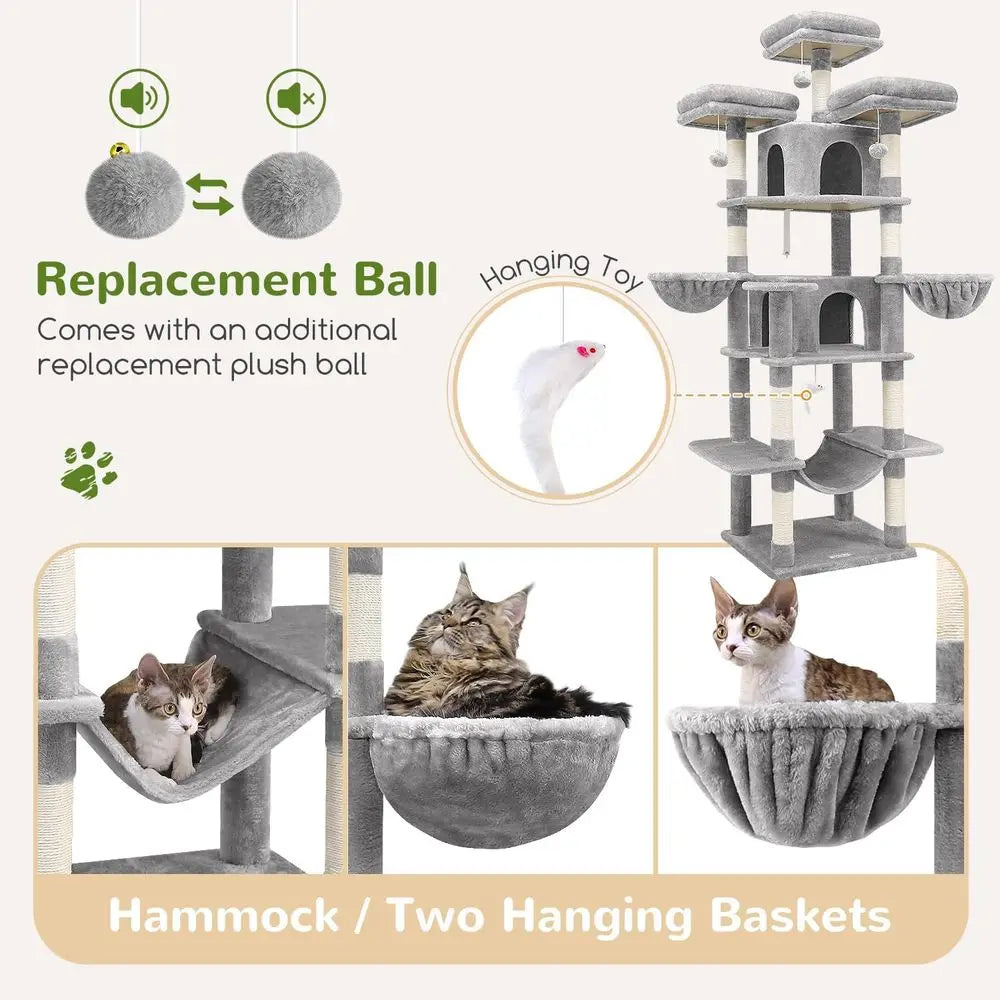 Showlu 80-inch XXL cat tower with multiple levels and three perches, designed for cats to climb, scratch, and relax.