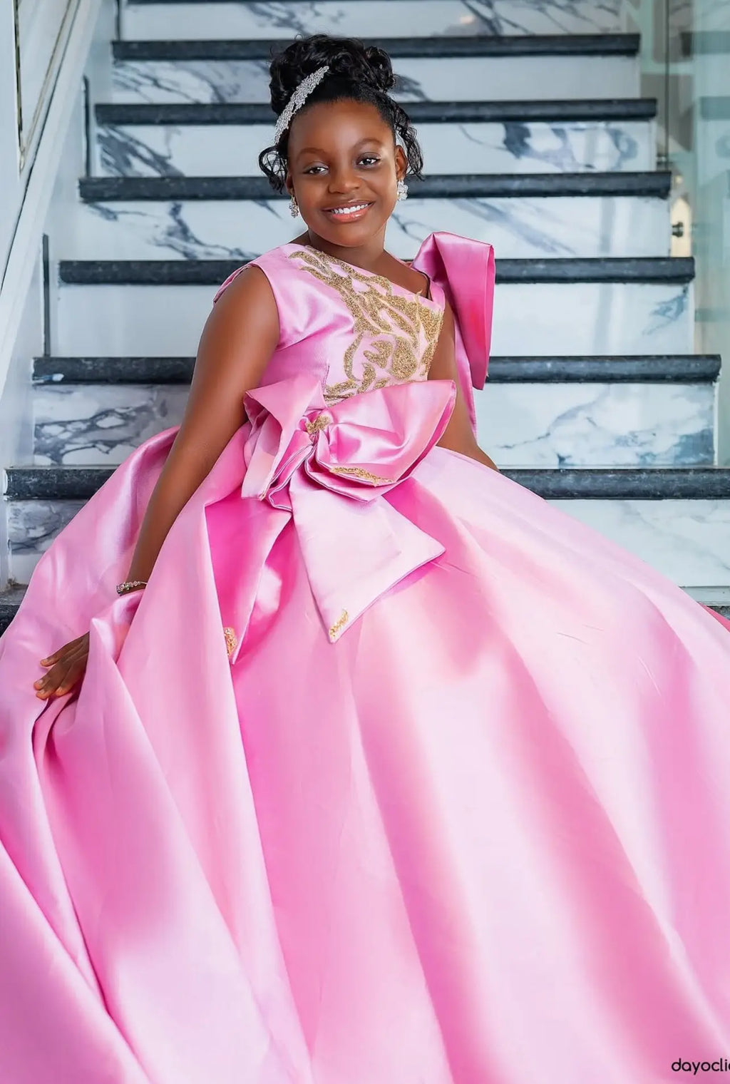 Pink satin ball gown with beaded flowers, custom luxury flower girl dress by 1170uf-he, elegant and detailed for special occasions.