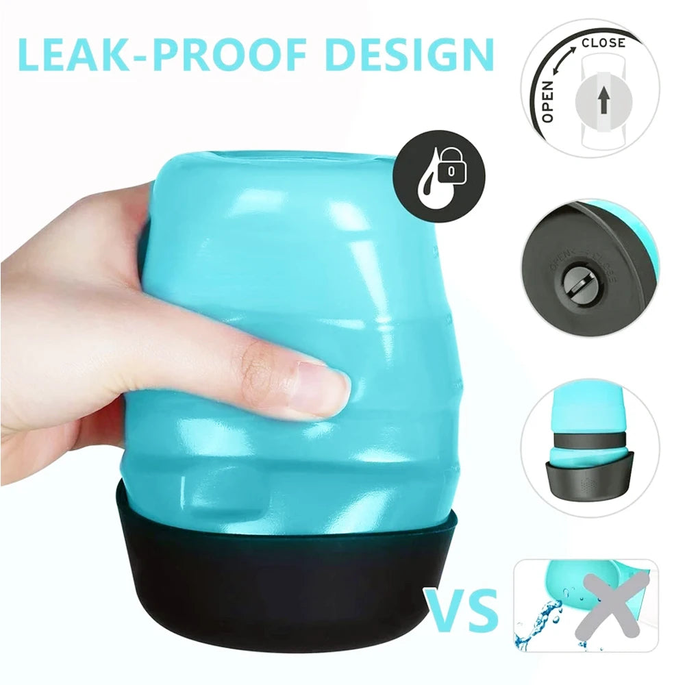 A hand holds a collapsible blue and black pet water bottle with a leak-proof locking mechanism.