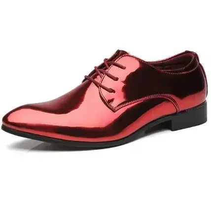 Men's black patent leather Oxford dress shoes with pointed toes, suitable for weddings and formal occasions.