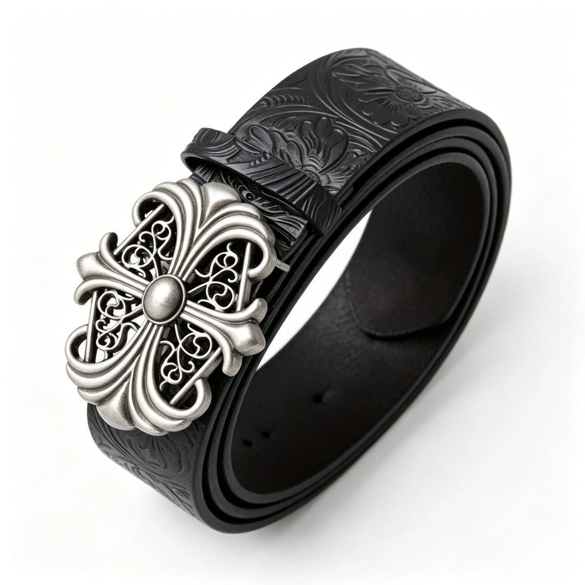 Retro black men's and women's bohemian style PU leather belt with vintage hollow buckle, punk rock Y2K fashion accessory