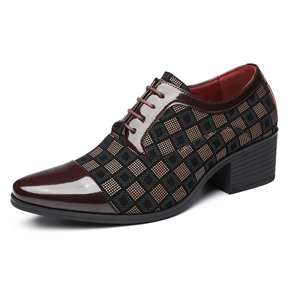 Men's British style checked leather business casual dress shoes from Doefhom, featuring a classic pattern and polished finish.