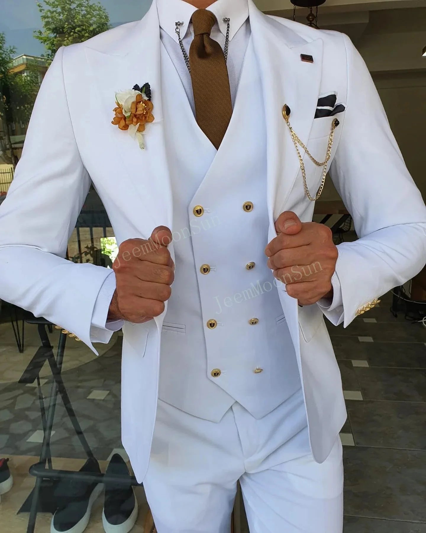 White men's 3-piece slim fit suit with peak lapel, tuxedo style, from SHOWLU FASHION STORE, featuring tailored jacket and matching pants and vest.