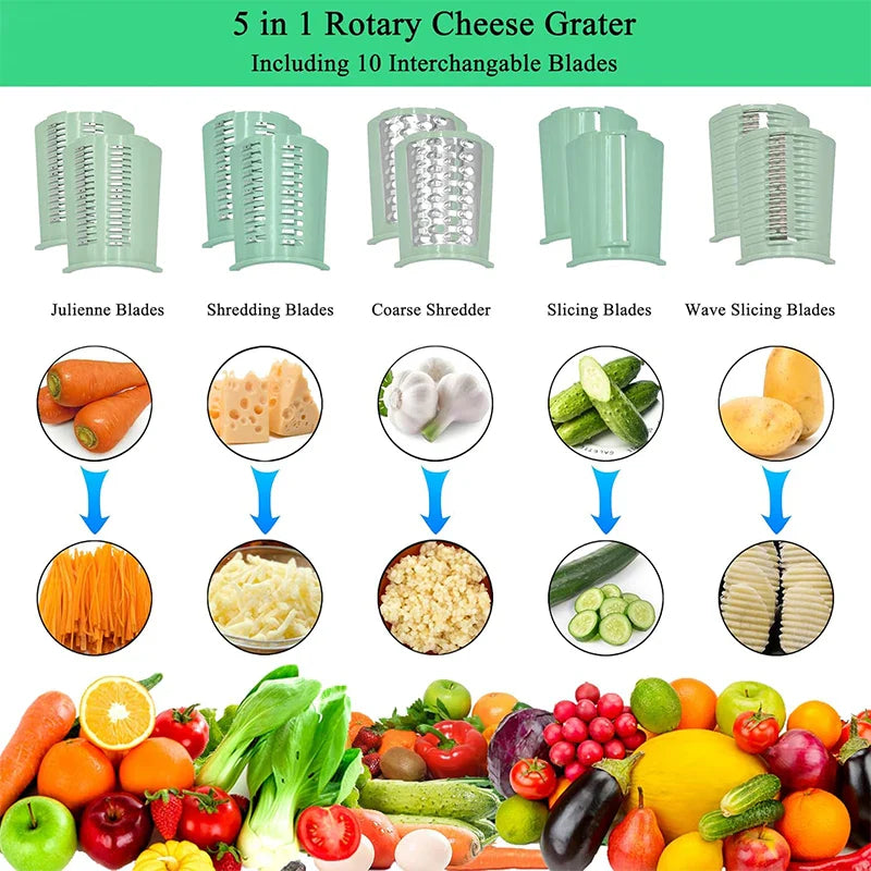 Stainless steel LMETJMAC 5-in-1 rotary cheese grater and mandoline slicer with multiple blades for cheese, vegetables, and more.