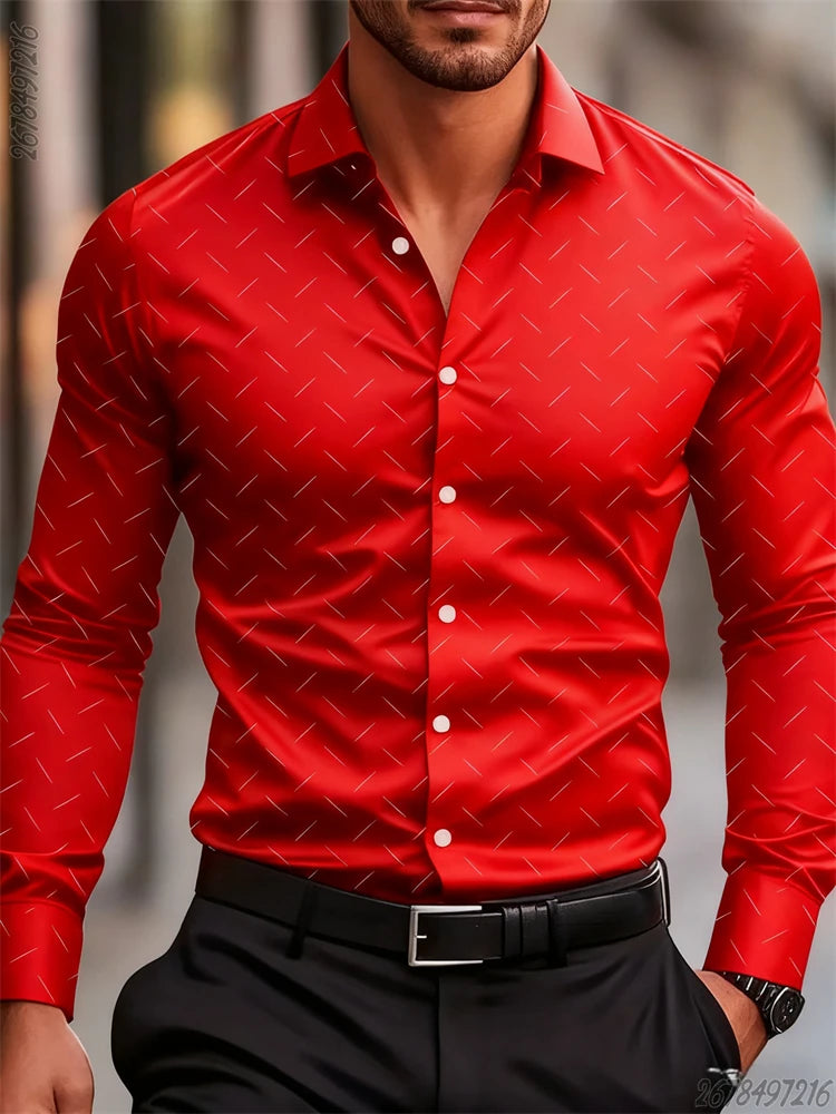 Men's long-sleeved geometric pattern shirt in 17 colors, stylish, comfortable, non-iron business casual top by Showlu Fashion.