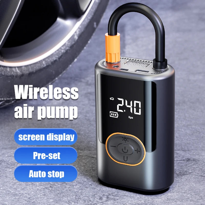 Showlu Smart General portable digital air compressor tire inflator, 12V wireless device with digital display and air hose attachment.