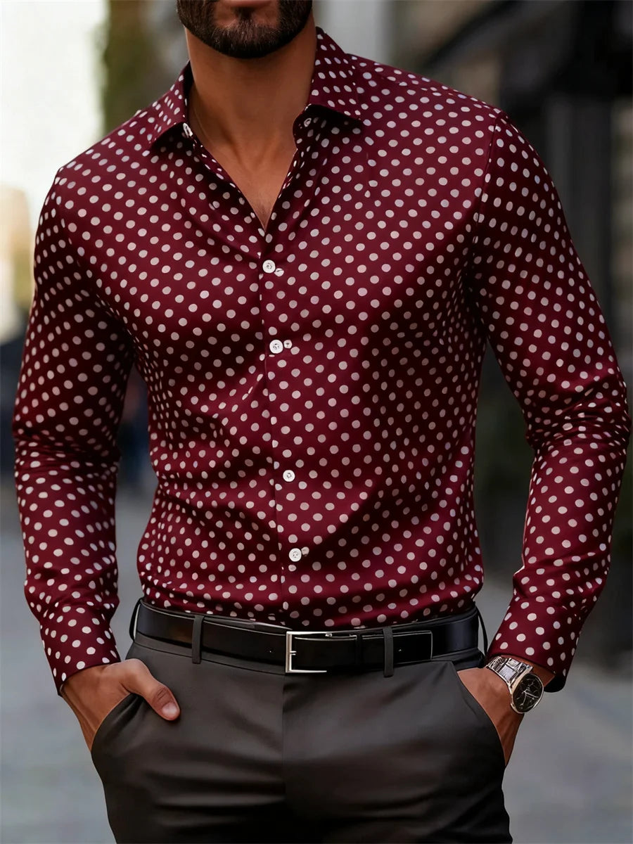 Men's slim-fit polka dot print long-sleeved shirt by Showlu Fashion, versatile business casual shirt for daily wear