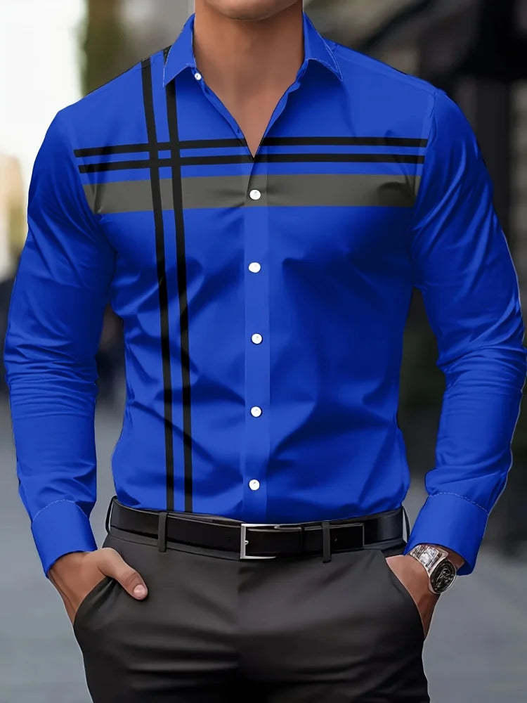 Men's checked long-sleeved button-up shirt by Showlu Fashion featuring high-end striped design and casual fitted style