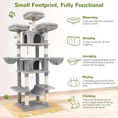 A tall, multi-level gray cat tree featuring two caves, three perches, and multiple hammocks.