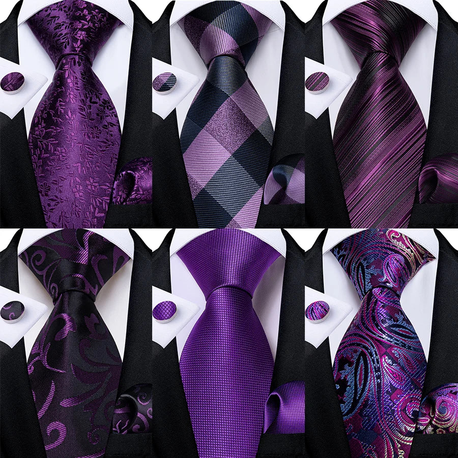 DiBanGu Ties For Men Purple Floral Paisley Necktie Business Formal 100% Silk Tie Pocket Square Set For Wedding Party Cravat